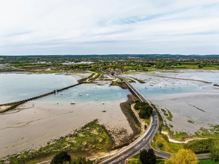 Bridge and Quay on Hayling Island from a dron, Havant, Hampshire, England, United Kingdom