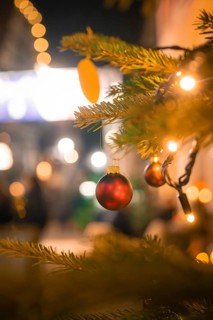 Close-up of a decorated fir branch with red baubles and lights, Christmas atmosphere, Christmas