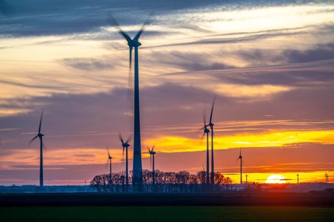 Sunset at Issum wind farm, Lower Rhine, North Rhine-Westphalia, Germany