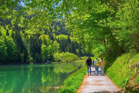 Hiking trail on Riessersee in spring, Garmisch-Partenkirchen, Loisachtal, Werdenfelser Land, Upper