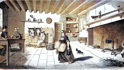 The interior of a rural kitchen or farmhouse from the 18th or 19th century. The scene depicts a