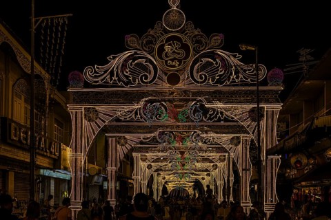 Large trains and luxurious street lighting in a pedestrian zone, night view, old city center,