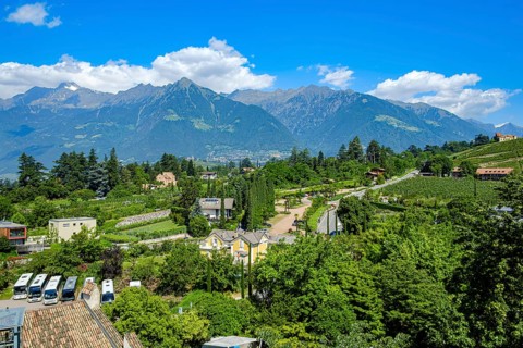 View from Trauttmansdorff Castle, home of the South Tyrolean State Museum of Tourism, of the