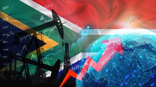 Global oil growth with South African flag. International oil exports with South Africa flag on