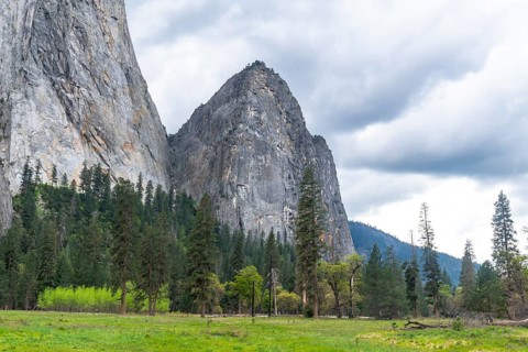 Yosemite valley with towering granite cliffs of el capitan and sentinel rock, bridalveil falls in