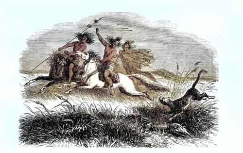 Indians in the Pampas, chased by a jaguar, with a ball sling, Bola, Argentina, around 1890,