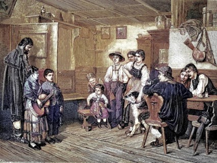 Italian itinerant singers. On the left is a small group of traveling musicians, consisting of an