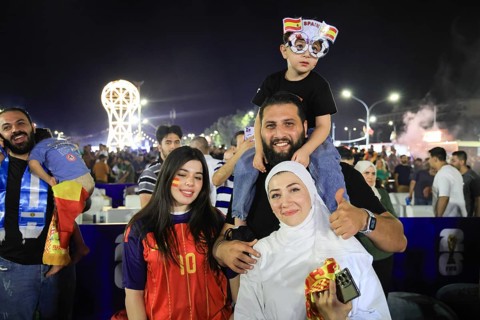 Damascus, syria - july 19, 2026: Supporters of the Spanish national football team erupt in