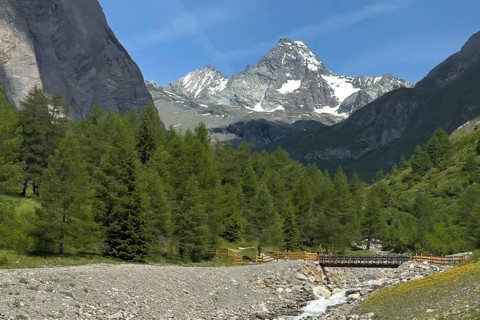 View from Ködnitztal on the south side of Grossglockner, right in the foreground bridge by hiking