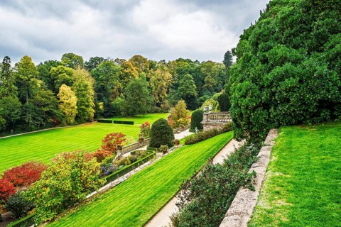 Autumn colors over Powis Castle and Garden, Welshpool, Powys, Wales, UK