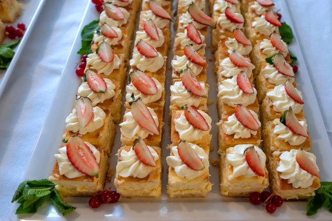 Canapés, vegan cheese cubes decorated with strawberries, Bavaria, Germany