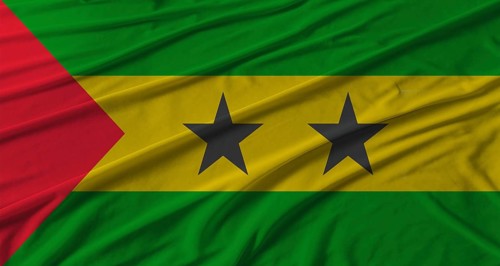 Sao Tome and Principe flag waving. Flag of Sao Tome and Principe with cloth texture