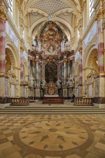 Choir of the Baroque monastery church, floor mosaic, handicrafts, interior view, former Cistercian