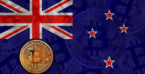 Investors in cryptocurrency and Blockchain with New Zealander flag. Bitcoin cryptocurrency with