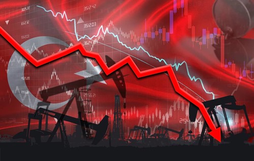 Crude crisis with Turkish flag on financial graph. Fall oil price with flag of Turkey on economic