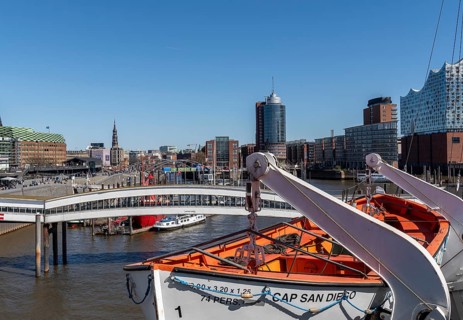 Lifeboat in white and orange on the museum ship Cap San Diego, Hamburg, Germany