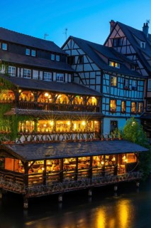 Ill, water, wine bar, half-timbered houses, Blue Hour, Petite France, Strasbourg, Alsace, France