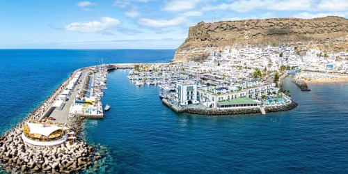 Gran Canaria aerial view from above Puerto de Mogan seaside vacation panoramic harbor trip in