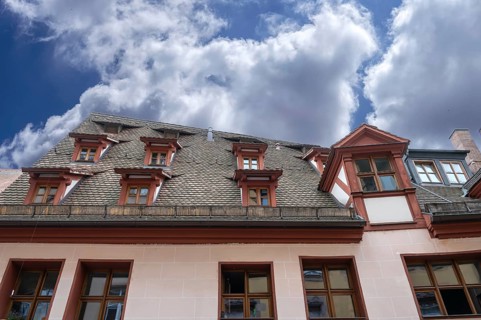 Roof porch on the former medieval bathhouse, Irrerstraße 1, Nuremberg, Middle Franconia, Bavaria,