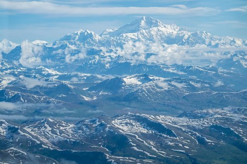 Panorama, clouds over high mountains, Mt Denali or Mount McKinley, aerial view, Alaska Range,