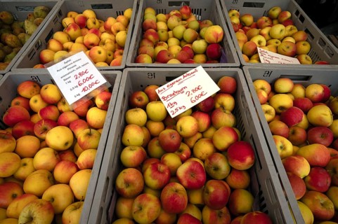 Range of different types of apples, Braeburn, Pinova, apples, apple crates, price tags, fruit,