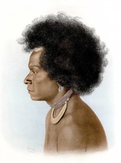 Lithograph of a person from Melanesia, Oceania, around 1900. Distinctive, large Afro hairstyle,