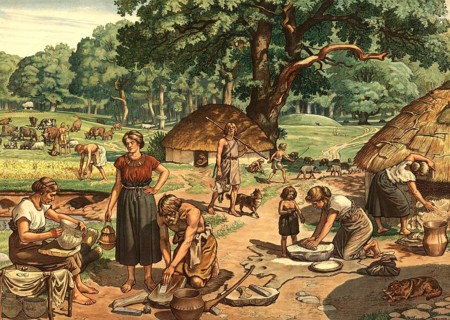 Settlement from the early Stone Age. Women in the foreground make woven baskets and clay vessels,