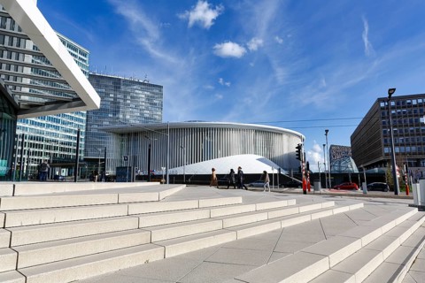 Staircase at the office tower, Allen & Overy Luxembourg law firm, modern architecture, view of the