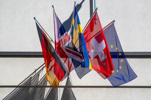 Swiss flag with Germany Great Britain, Sweden and Europe, Davos, Switzerland