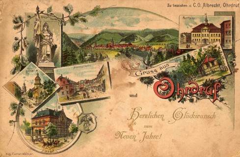 Historical view of the market fountain in Ohrdruf, various historical views of the city, including