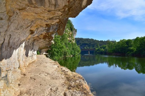 Towpath carved into the rock along the Lot River near Saint-Cirq-Lapopie, in the Lot department, in