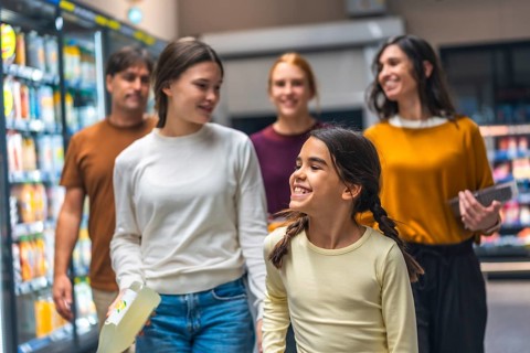 Happy family of five walking down supermarket aisle, smiling and choosing products from