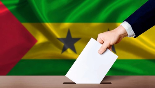 Sao Tome and Principe Presidential vote. Hand placing a ballot in ballot box with the Sao Tomean