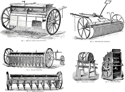 Agriculture, field work, harvesting, machinery, Schambert's fertiliser spreader, Germania drill,
