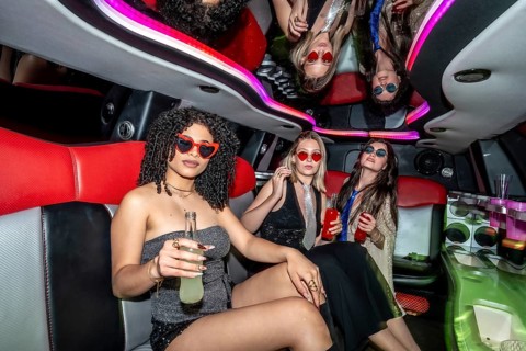 Young women laughing and sipping drinks in a luxury limousine, celebrating a glamorous night out