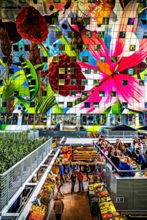 Markthal from 2014, offers over 100 food stalls and delicatessens with spectacular ceiling fresco