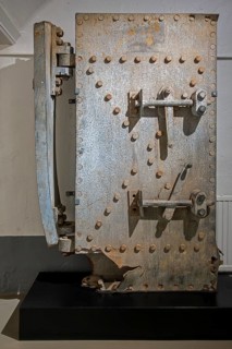 Breached heavy reinforced steel blast door inside Fort Eben-Emael, Belgian WW2 fortress in Wallonia