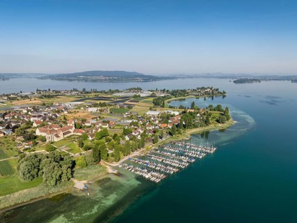 Aerial view of the island of Reichenau, in western Lake Constance, Untersee, with the marina,