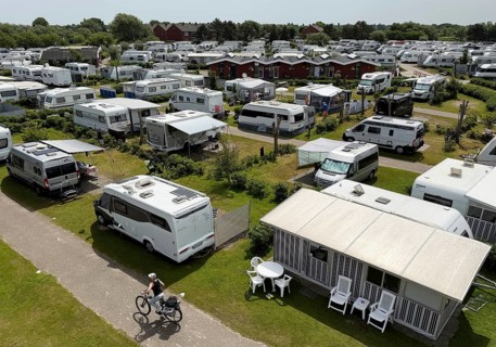Elevated view of a campsite on the North Sea island of Borzburg, East Frisia, Lower Saxony, Germany