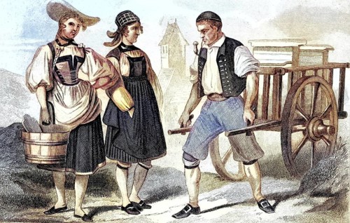 Traditional clothing styles and culture from the 19th century. Costume of farmers from the Bern