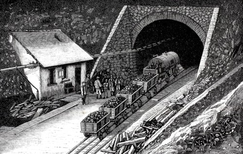 Wood engraving from 1877 depicting the construction of the Gotthard Tunnel in the Swiss Alps. The