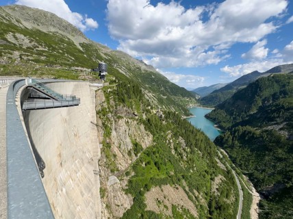 View of Kölnbrein Reservoir on air side of dam wall facing away from the water with floating