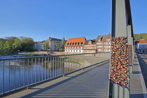 Landgrave's castle built in 1470 on the banks of the Fulda river with half-timbered houses, steel