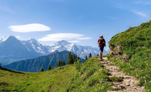 Hikers on a hiking trail on the Schynige Platte, picturesque mountain landscape, mountain panorama