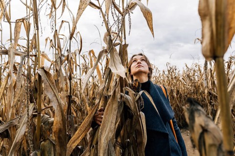 Woman in autumn in cornfield standing with her head up, looking at the sky