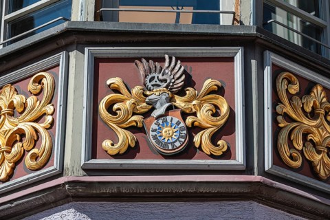 Detailed view of an artfully decorated bay window in the historic old town of Rottweil, Rottweil