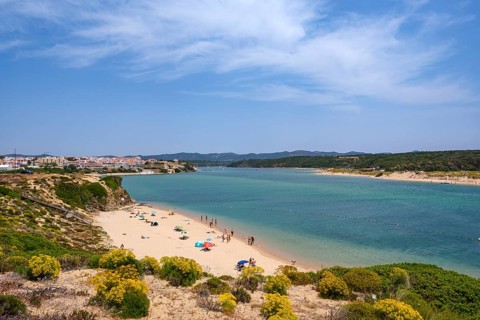 Sunny beach day with people under umbrellas along a wide sandy beach on a coast, Vila Nova de