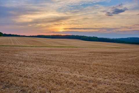 Quiet evening landscape of a stubble field with sunset, summer, Neudorf, Amorbach, Odenwald,