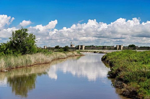 Salins du Midi, behind the historic city walls, Aigues-Mortes, Camargue, southern France, France