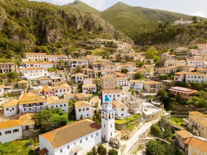 Stunning aerial panorama historic Saint Mary Monastery or Kisha e Shen Merise perched atop the old